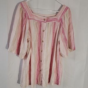 Linen Blend Striped Pink White Button-Up Blouse Relaxed Fit Size Medium